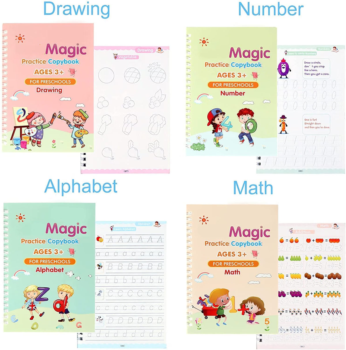 Reusable Magic Practice Copybook Set for Kids – 4 Books, Pen & Refill